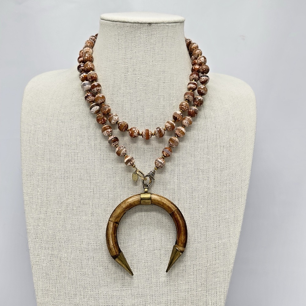 Artisan Beaded Necklace Betsy Pittard Design Stone Gold Tone Bamboo Pendant BPD